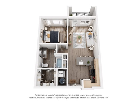 Floor plan for 1 bed, 1 bath, 732 sqft
